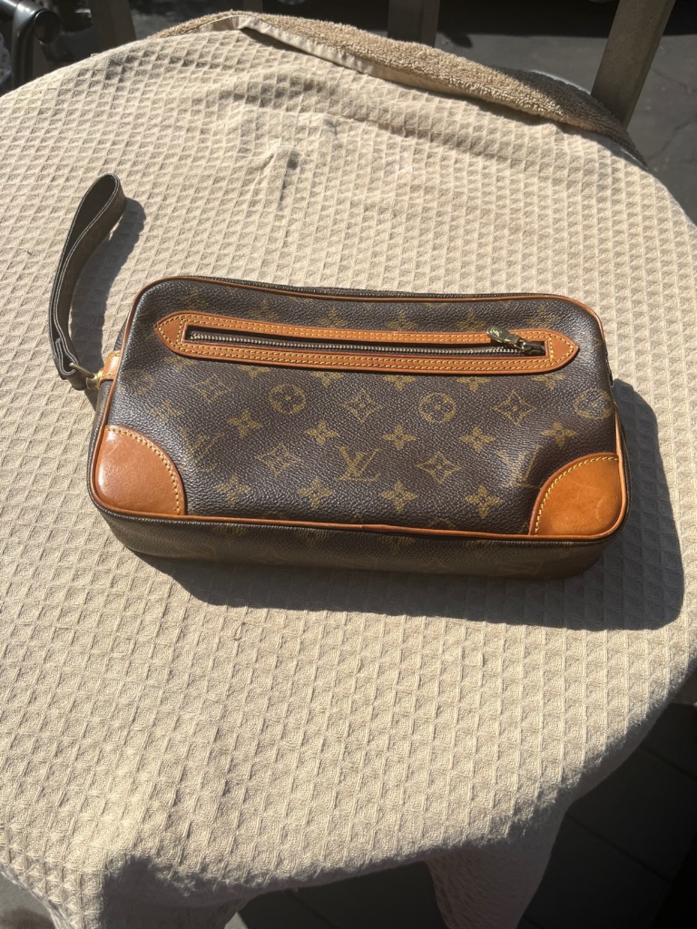 Louis Vuitton Brown Monogram Toiletry Pouch with Tan Leather Trim